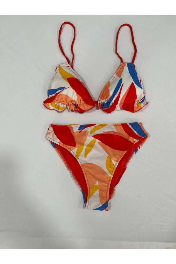 Kadın Çok Renkli Tropikal Desenli Astarlı Üçgen Bikini Takım HZL25S-AR1616