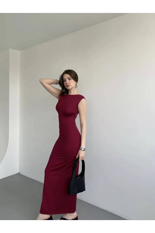 Kadın Bordo Sırt Dekolteli Yumuşak Dokulu Elbise HZL25S-ZK13321