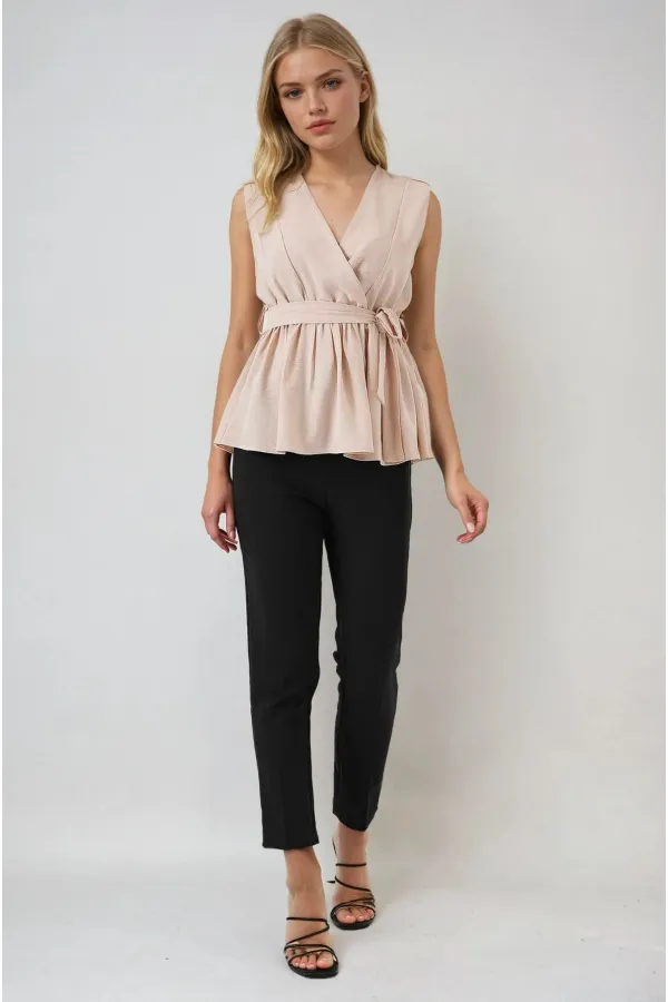 Chemisier beige croisé à ceinture élastique pour femme HZL25S-BD19661