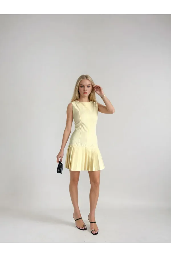 Robe sans manches jaune pour femme, tissu double importé HZL25W-FRY122651