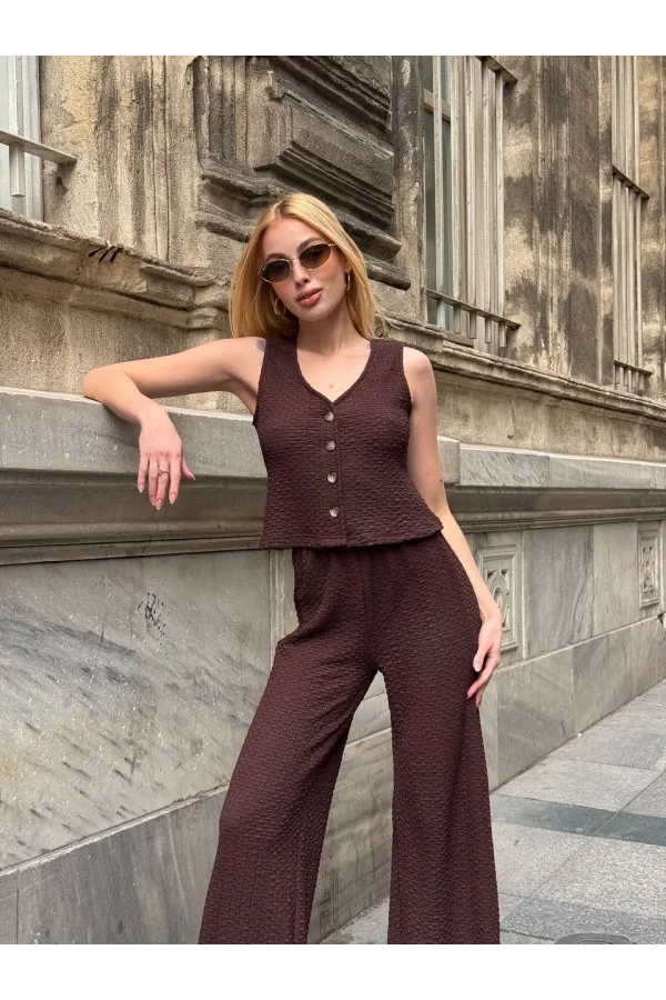 Kadın Kahverengi Beli Lastilkli Gofre Kumaş Pantolon HZL24S-ZK13261