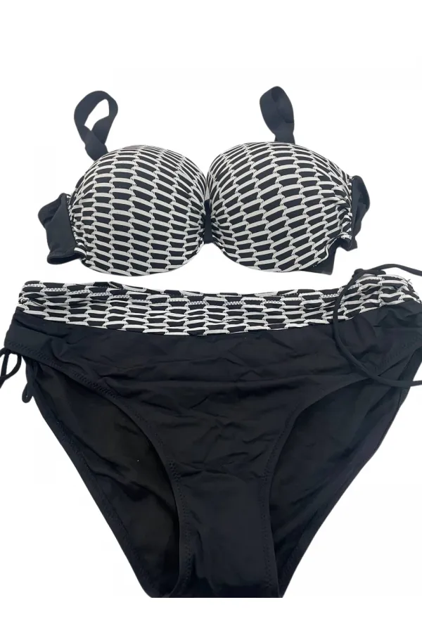 Kadın Beyaz Zincir Desenli Büyük Beden Astarlı Siyah Bikini Takım HZL25S-LC3303
