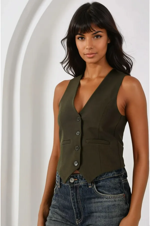 Kadın Haki Düğmeli Astarlı Yelek HZL25S-BD167961