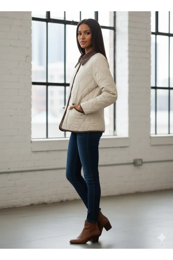 Manteau matelassé en velours crème à fermeture à pression pour femme HZL25W-BD152261