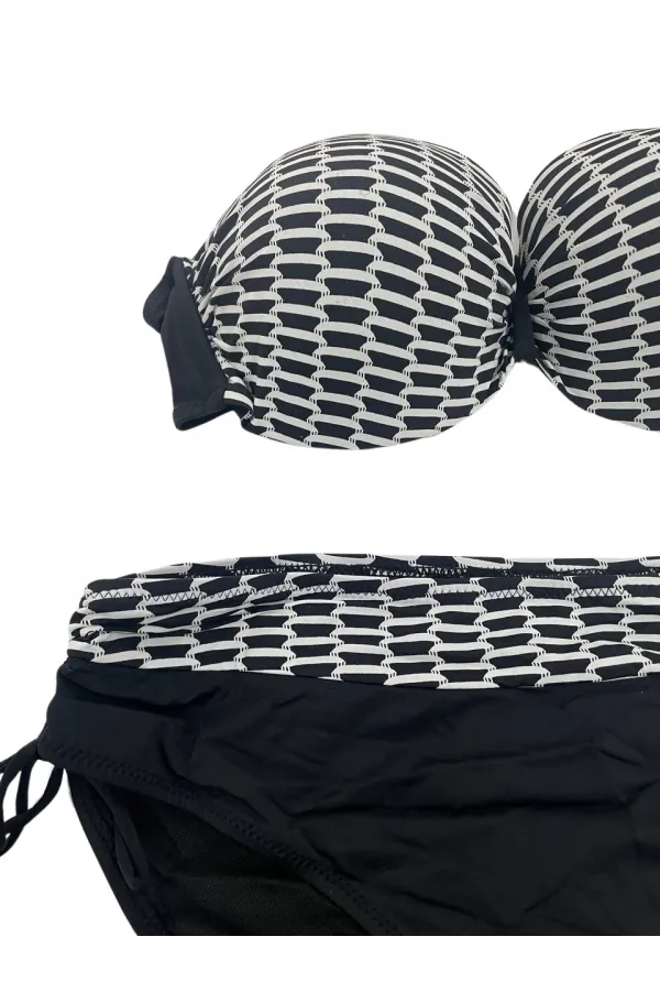 Kadın Beyaz Zincir Desenli Büyük Beden Astarlı Siyah Bikini Takım HZL25S-LC3303