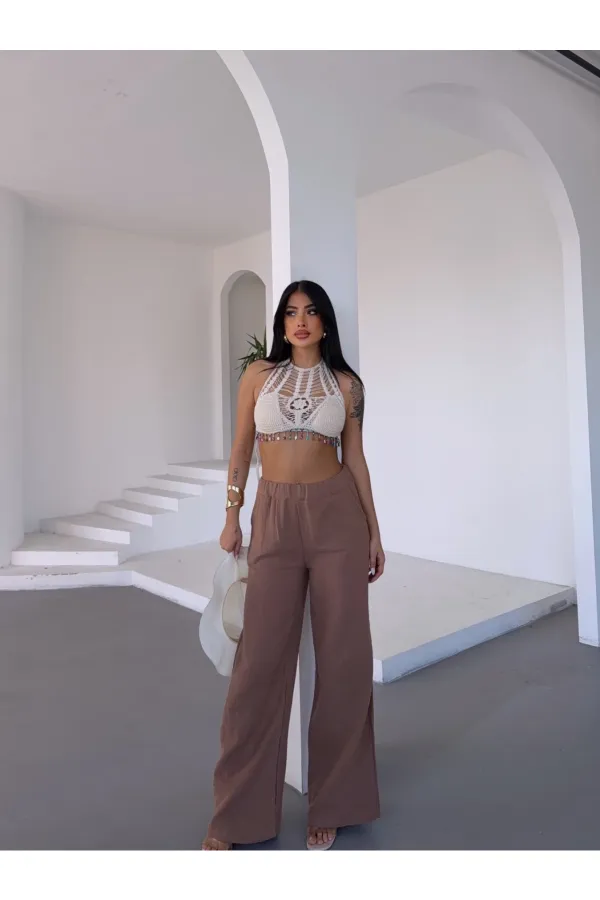 Kadın Camel Beli Lastikli Müslin Kumaş Bol Paça Pantolon HZL25S-DSB12221