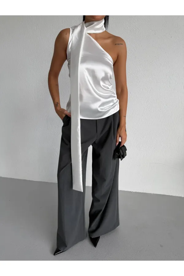 Chemisier asymétrique en satin blanc pour femme, col châle et encolure à nouer HZL26W-FRY123731