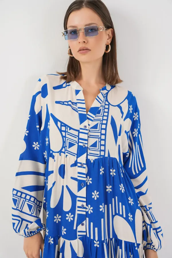 Kadın Desenli Uzun Tesettür Elbise 2585 - Mavi