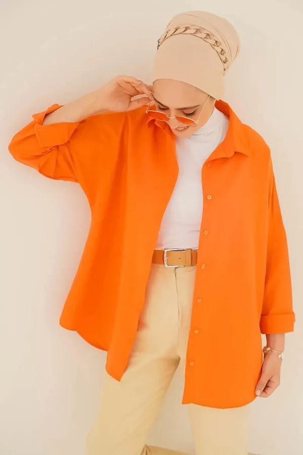 Chemise basique longue pour femme, coupe ample, orange modeste, HZL24W-BD139001 Chemise basique longue pour femme, coupe ample, orange modeste, HZL24W-BD139001