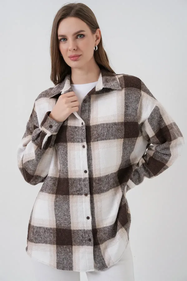 Women's Plaid Pattern Oversize Lumberjack Shirt 3854 Biscuit