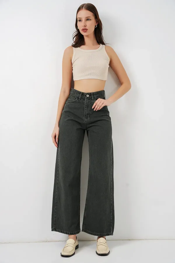 Women's Wide Leg High Waist Palazzo Jeans 6656 - Green