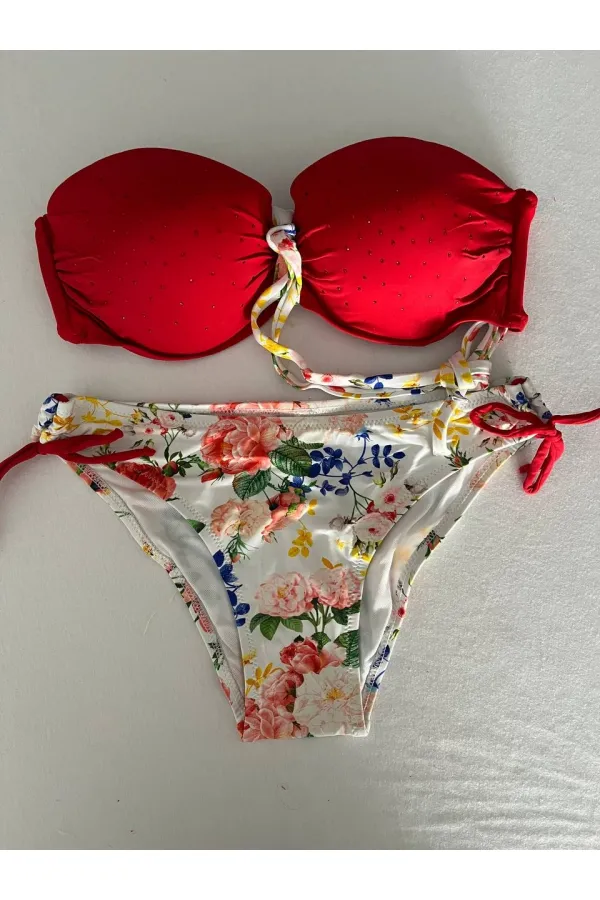 Kadın Kırmızı Taş İşlemeli Astarlı Bikini Takım HZL25S-LC208
