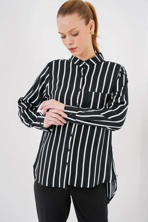 Chemise rayée à manches longues pour femme 20283 - Noire