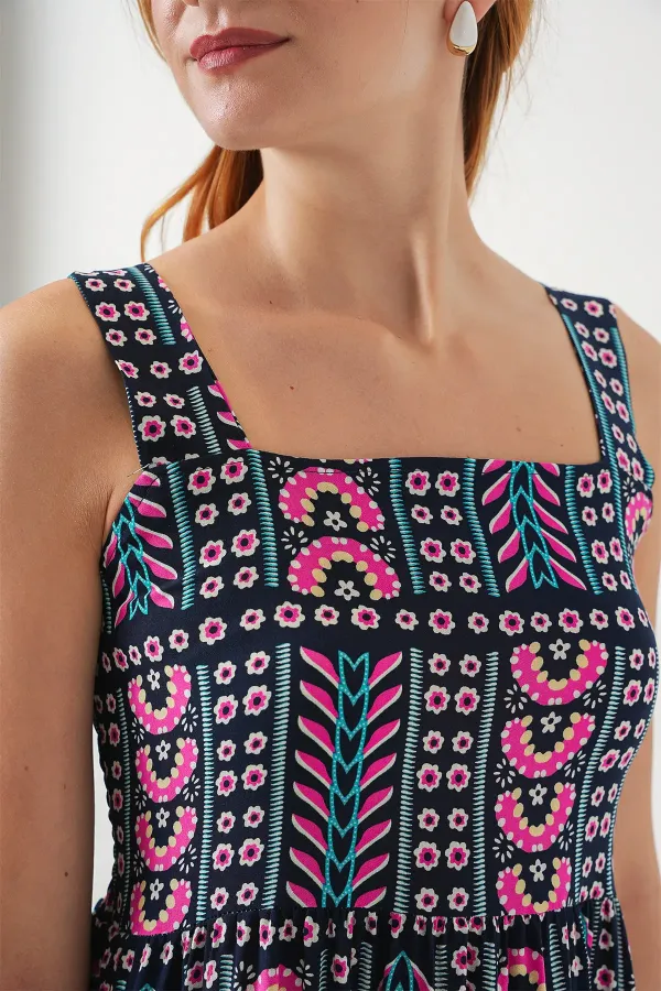 Robe midi à bretelles à motifs pour femme 2577 - Bleu marine