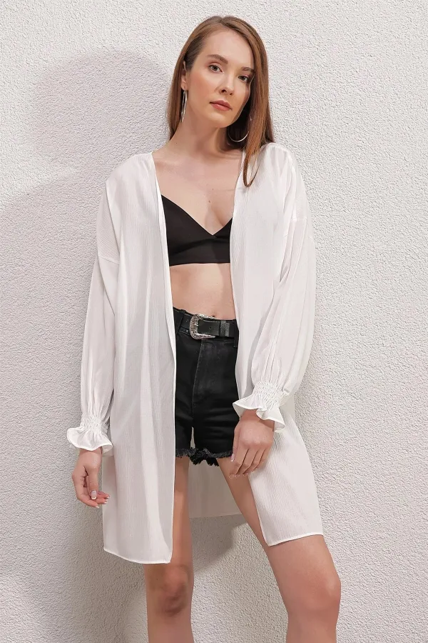 Women's White Ruffle Sleeve Elasticated Loose Kimono HZL23S-BD158821