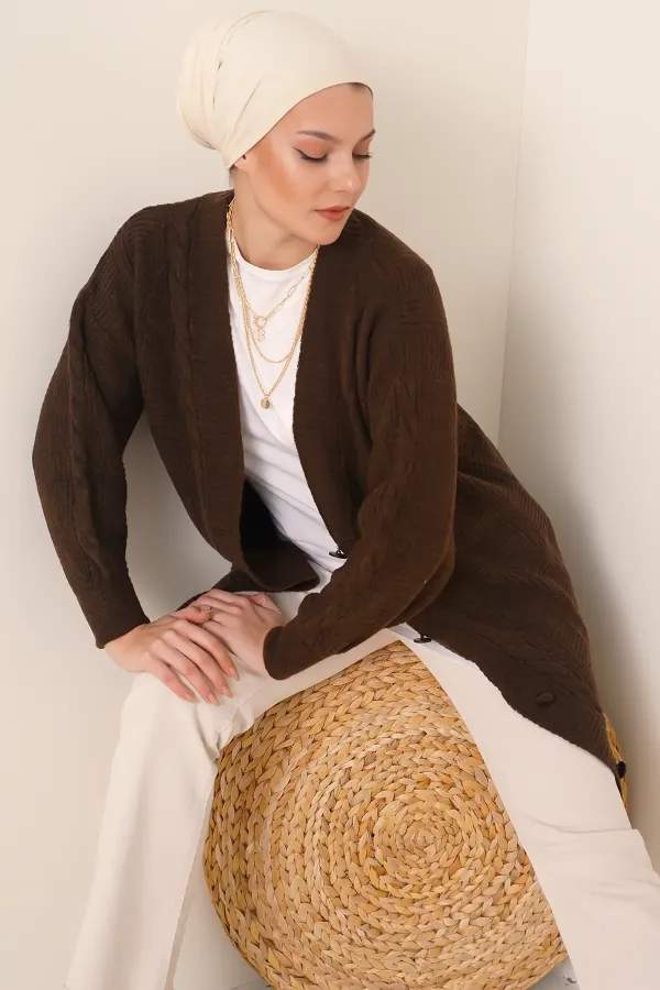 15768 Modest Knit Cardigan - Brown