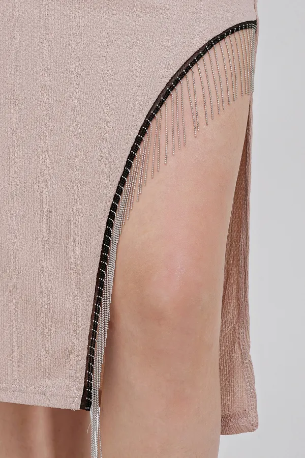 Kadın Bej Yırtmaçlı Püskül Taşlı Beli Lastikli Uzun Etek HZL24S-BD118901