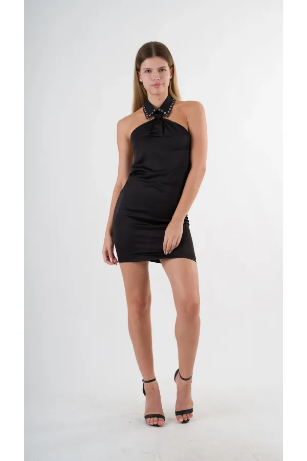 Kadın Siyah Halter Yaka Saten Kumaş Sırt Dekolteli Mini Elbise HZL24S-YY262