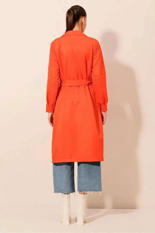 Women's Orange Double-Breasted Belted Unlined Seasonal Comfortable Trench Coat Hzl22s-bd158531