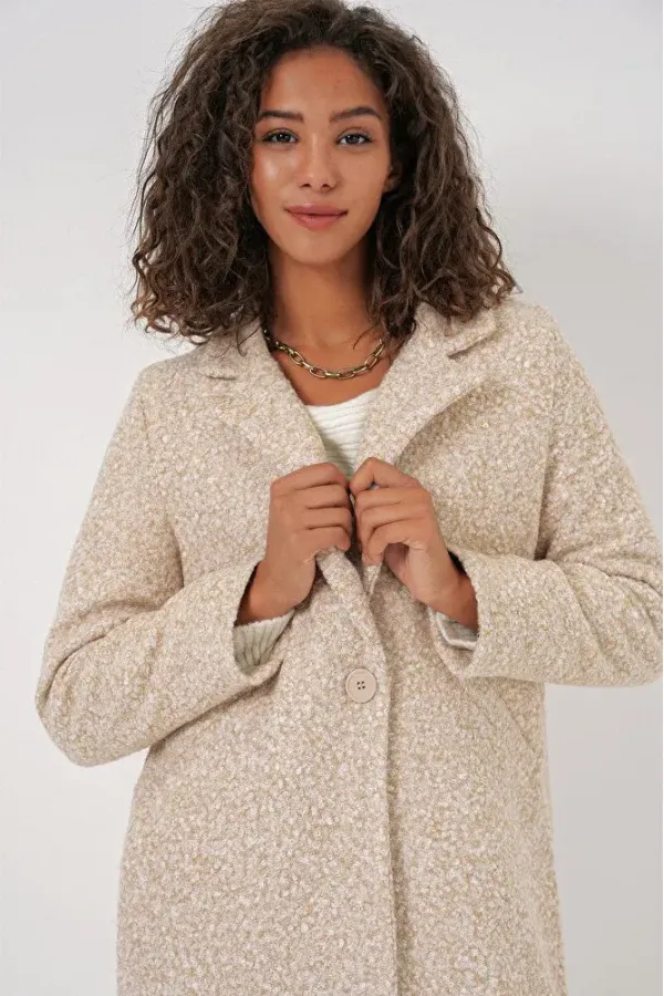 Manteau en cachemire bouclé doublé crème chiné pour femme, à un bouton et double poche HZL22W-BD190821