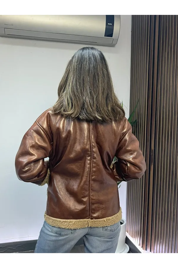 Kadın Taba Içi Kürklü Önden Fermuarlı Suni Deri Mont HZL24W-BRC181001