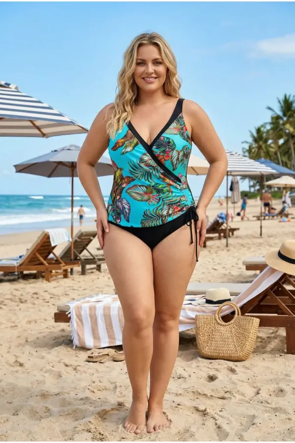 Women's Blue Black Feather Pattern V-Neck Side Tie Plus Size Swimsuit HZL25S-LC4007