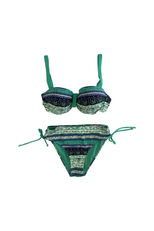 Kadın Yeşil Taş İşlemeli Etnik Desenli Astarlı Bikini Takımı HZL25S-LC3305