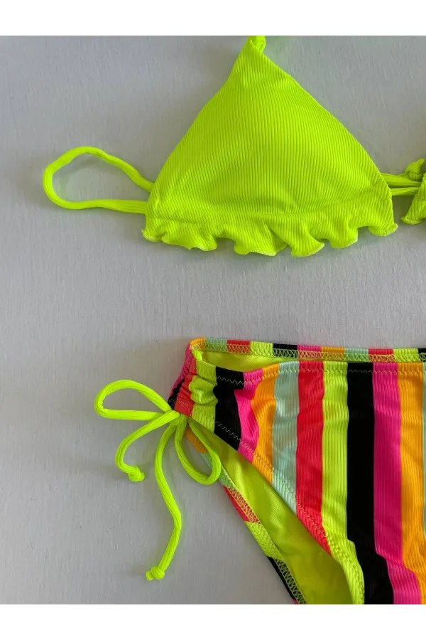 Women's Neon Yellow Patterned Halter Neck Bikini Set HZL25S-LC3350