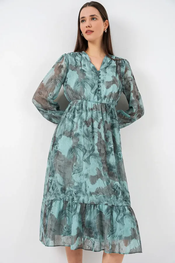 2137 Desenli Şifon Elbise - Mint Yeşili