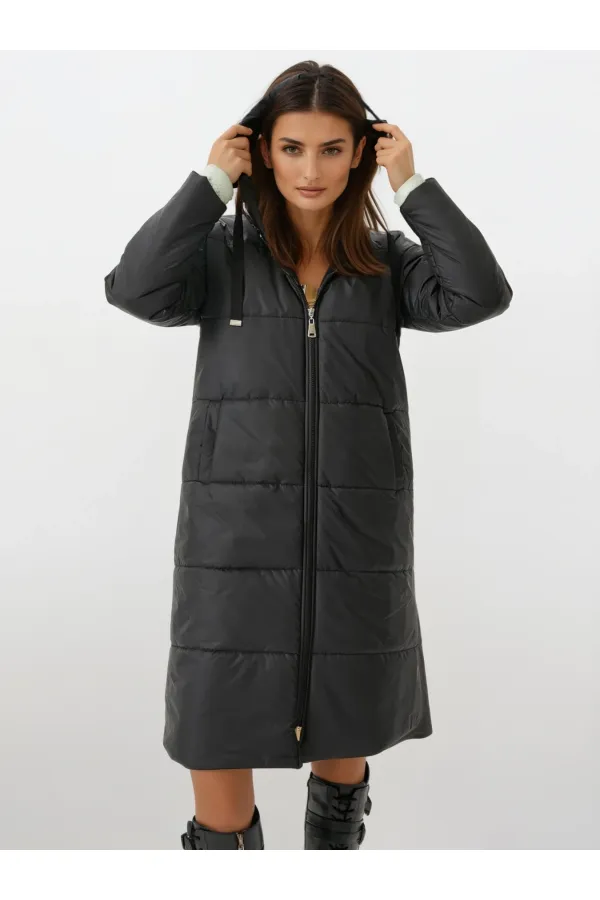 Kadın Siyah Kapşonlu Uzun Oversize Şişme Mont HZL22W-BD151201