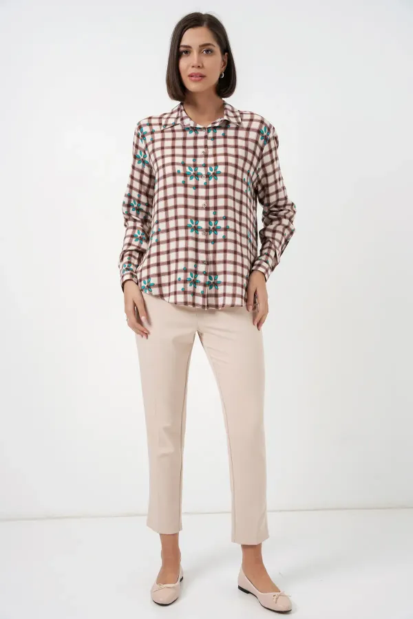 Chemise oversize à motifs pour femme en viscose 20371 - Marron