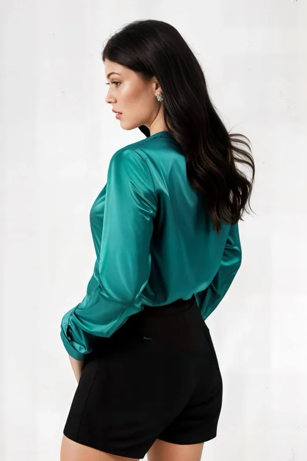 Kadın Yeşil Hafif Dökümlü Saten Yüzeyli Gömlek Hzl22w-bd139641