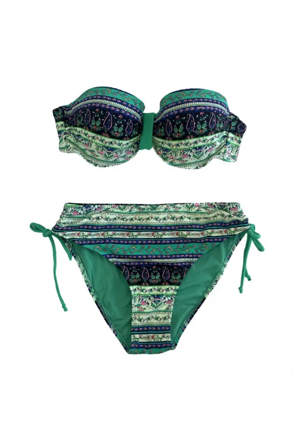 Kadın Yeşil Taş İşlemeli Etnik Desenli Astarlı Bikini Takımı HZL25S-LC3305