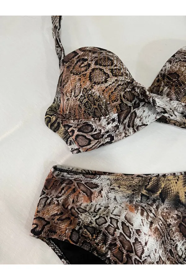 Kadın Kahverengi Leopar Desenli Astarlı Büyük Beden Bikini Takımı HZL25S-LC25006