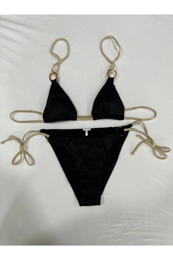 Kadın Siyah Halka Detaylı İp Bağlamalı Astarlı Bikini Takım HZL25S-AR1617