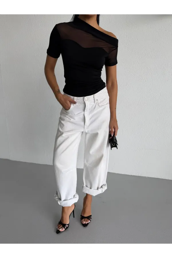 Kadın Siyah Tek Omuz Transparan Tül Detaylı Şık Sandy Bluz HZL26S-FRY123871