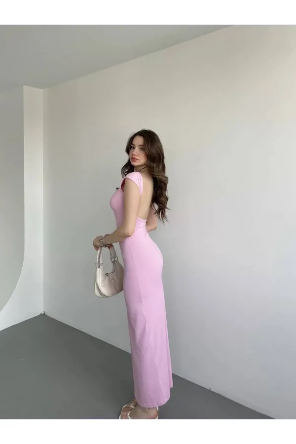 Kadın Pembe Sırt Dekolteli Yumuşak Dokulu Elbise HZL25S-ZK13321