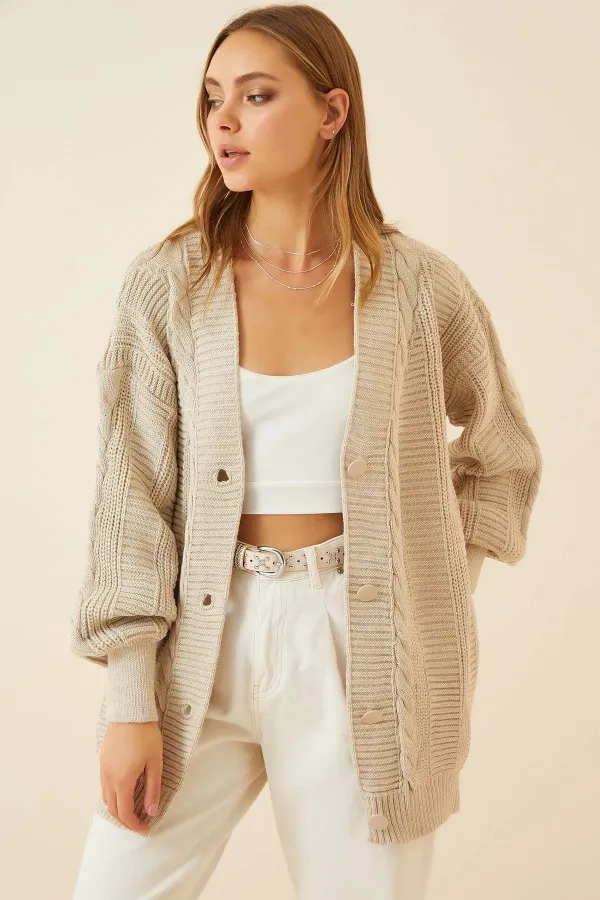 Women's Beige Hair Knit Pattern Long Buttoned Casual Cut Knitwear Cardigan HZL23W-BD1100691