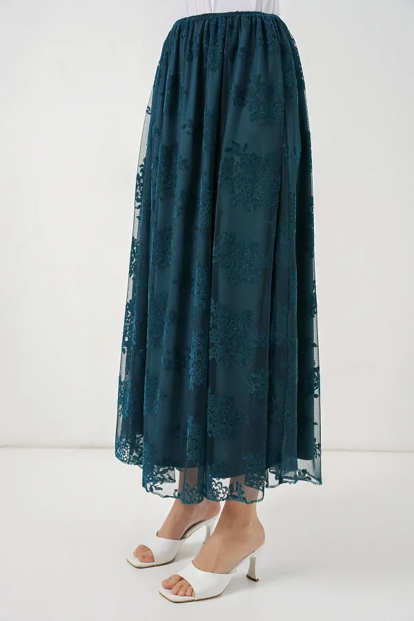 Jupe longue en tulle imprimé floqué pour femme 8070 - Pétrole