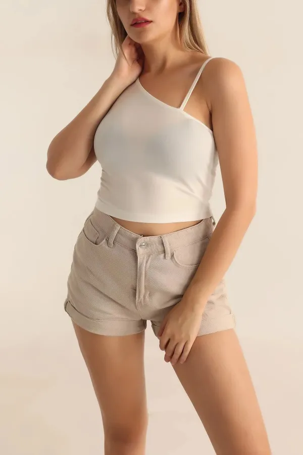 Kadın Beyaz Askılı Tek Omuz Likralı Crop Bluz HZL23S-SND120171
