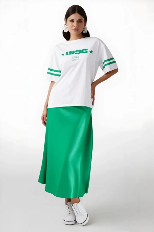 Women's Green Satin Surface Elastic Waist Midi Length Skirt Hzl23S-BD1101471