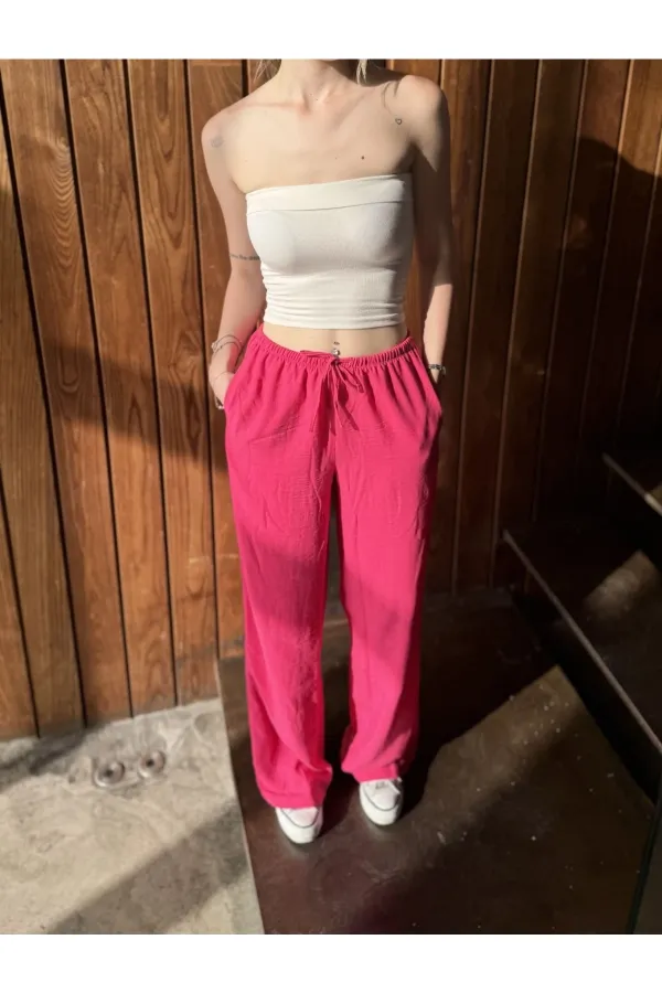 Pantalon large en lin rose pour femme, taille élastique, avec poches, HZL24S-ZK11051