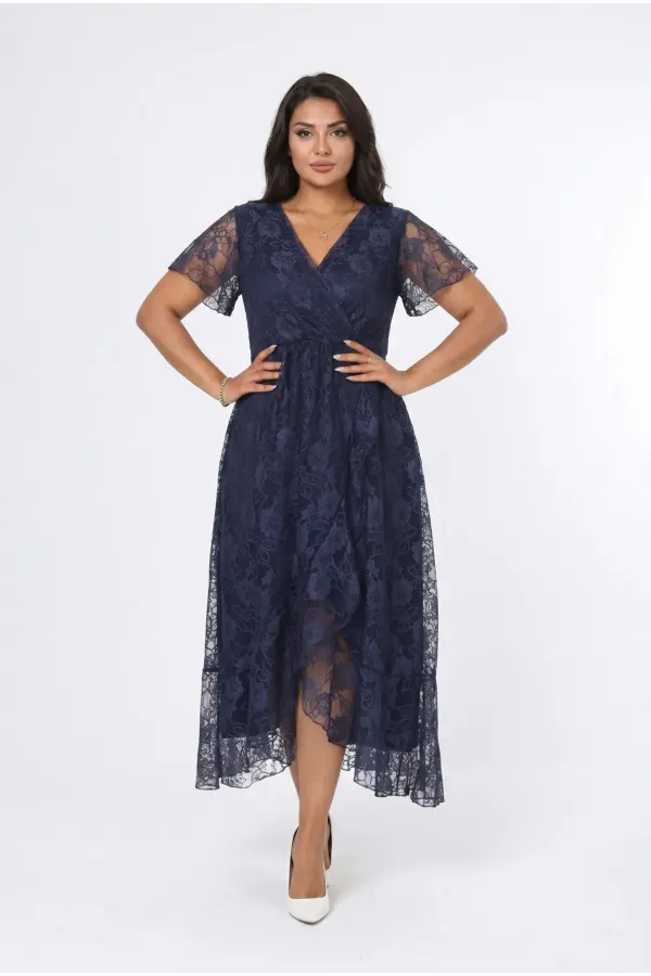 Kadın Lacivert Büyük Beden V Yaka Astarlı Dantel Detaylı Şık Abiye Elbise HZL26S-PR11071