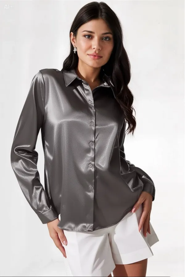 Kadın Antrasit Hafif Dökümlü Saten Yüzeyli Gömlek Hzl22w-bd139641
