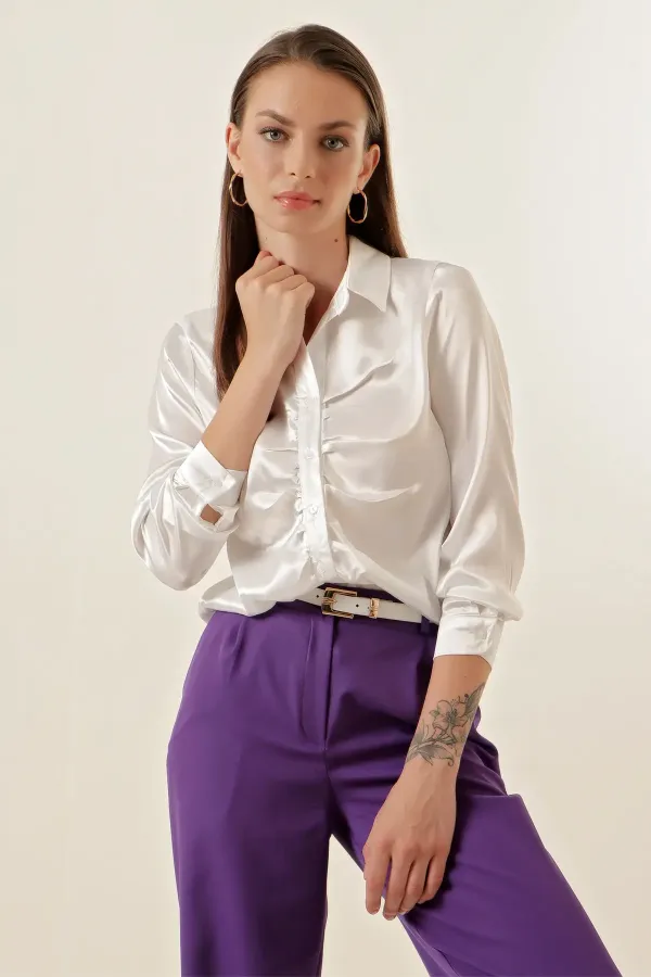 Chemise en satin froncé 20112 - Blanche