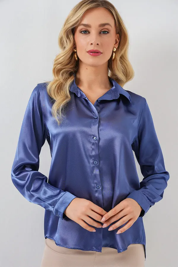 3964 Lightly Draped Satin Shirt - Dark Navy