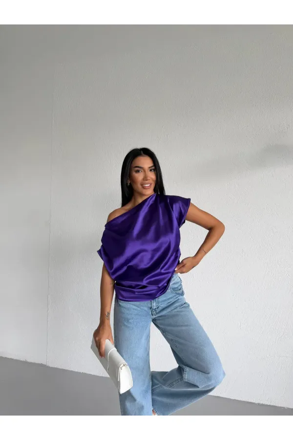 Kadın Mor Tek Omuz Asimetrik Kesim Saten Bluz HZL26W-FRY121171