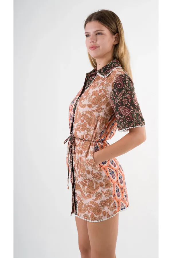 Kadın Kahverengi Sarı İp Kemerli Küpürlü Gömlek Görünümlü Elbise HZL24S-YY237