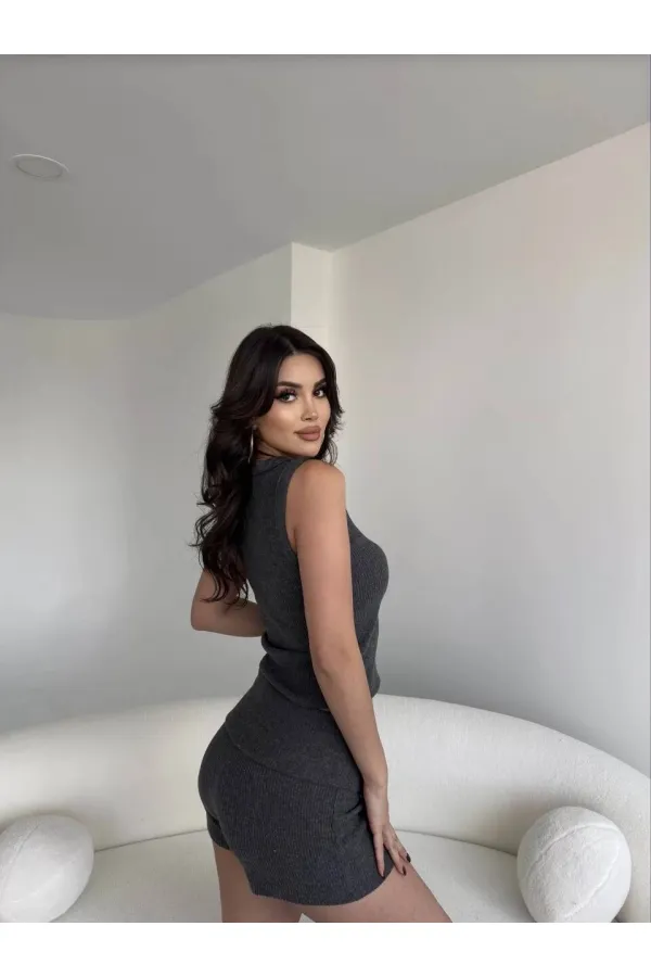 Kadın Antrasit Bel Katlamalı Şortlu Bluz Basic Takım HZL25W-ZK11191