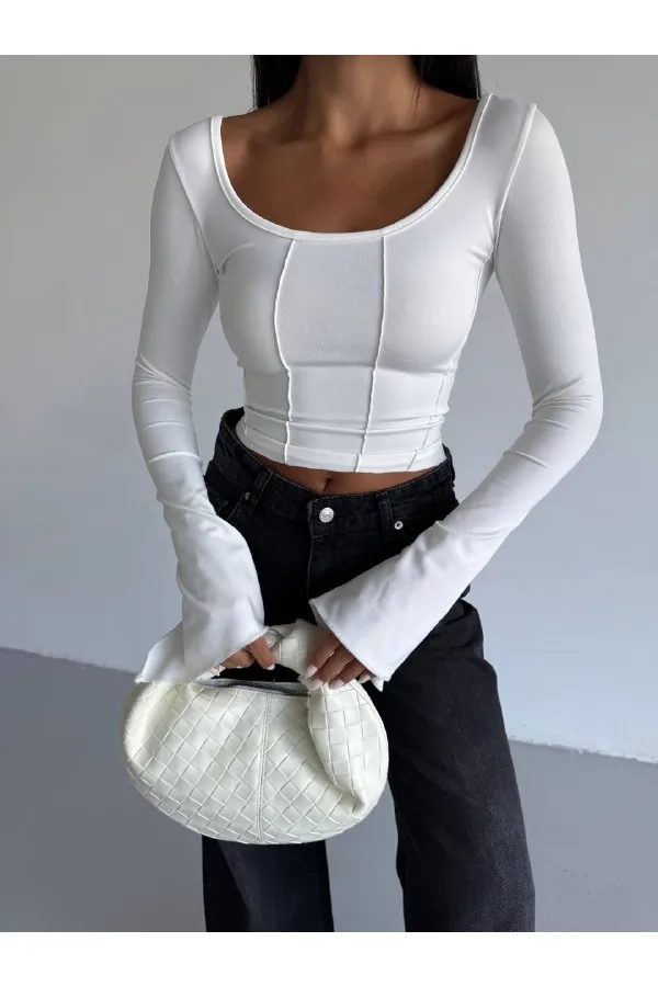 Kadın Beyaz Uzun Kollu Arkası Bağlamalı Fit Kesim Crop Bluz HZL25W-FRY122771